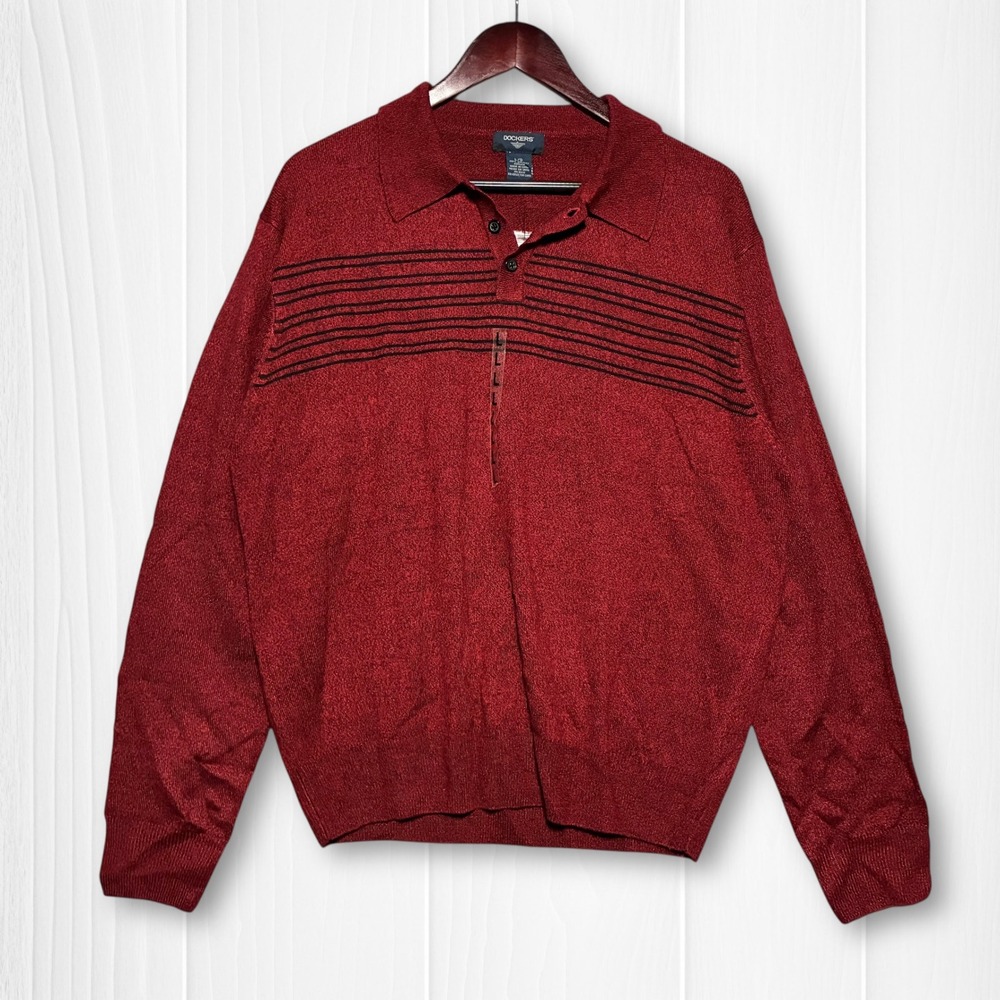 NWT Dockers Acrylic Striped Long Sleeve Polo Sweater Mens L Burgundy